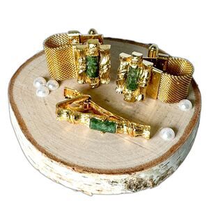 Vintage Jade Cufflinks Tie Clip Set Gold Tone Elegant Wedding Men Bamboo Asian